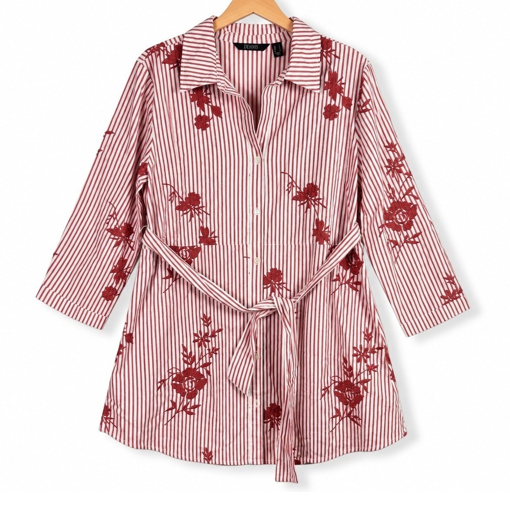 Dennis Basso Womens Medium Red Button Front Embroidered Poplin Duster A665055